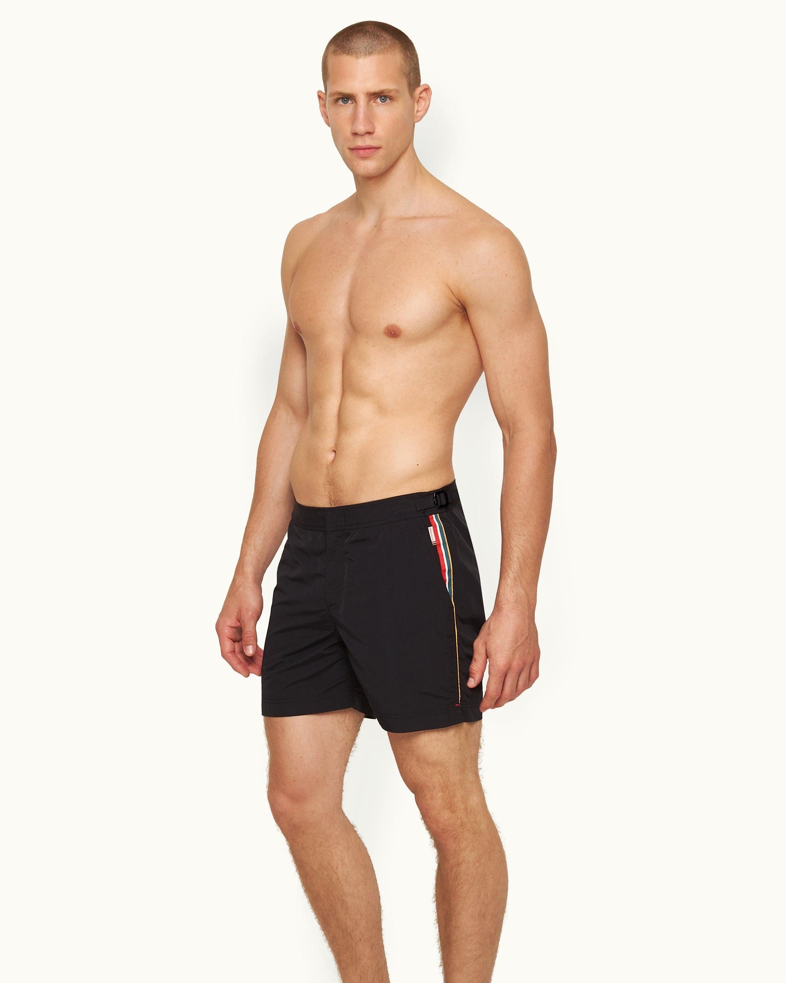 Bulldog Black Concealed O.B Stripe Tape Mid-Length Swim Shorts | Black