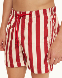 Vermillion Mix Stripe Drawcord Mid-Length Swim Shorts | Vermillion