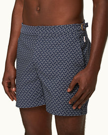 Bulldog Night Iris/White Sand Geometric Orb Jacquard Mid-Length Swim Shorts | Night Iris/White Sand