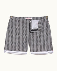 Kids | Bulldog Rills Print Mid-Length Swim Shorts Woven In France in Night Iris/White Sand colour | Night Iris/White Sand