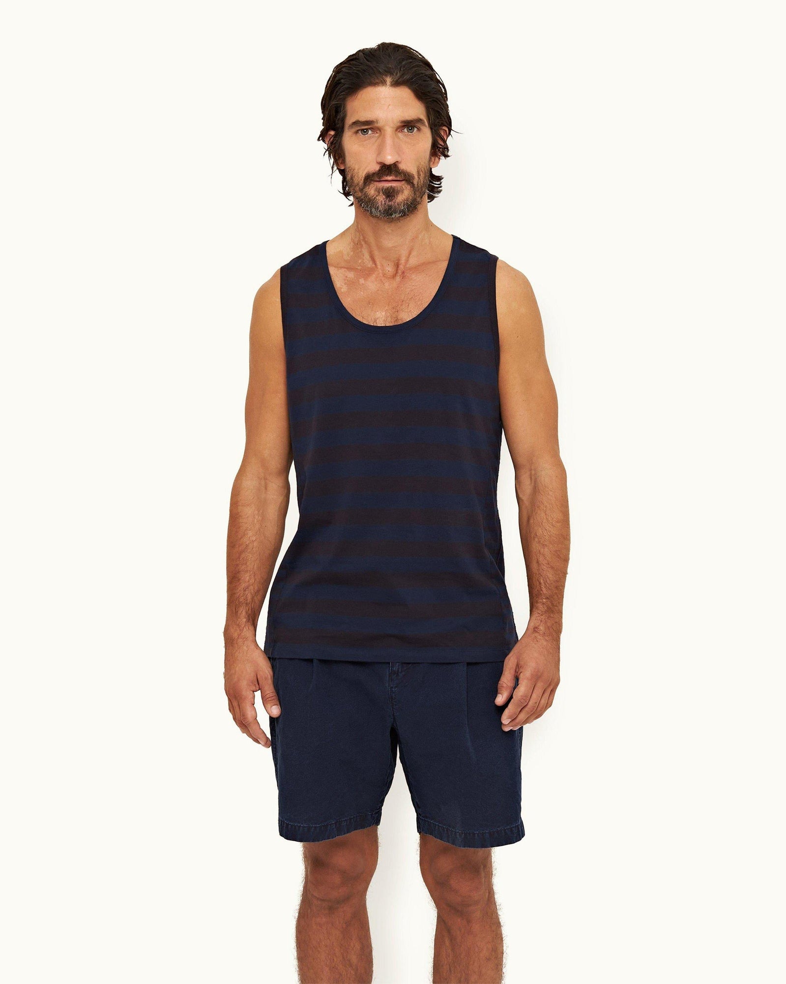 Dark Sapphire Mix Stripe Tailored Fit Organic Cotton Vest | Dark Sapphire