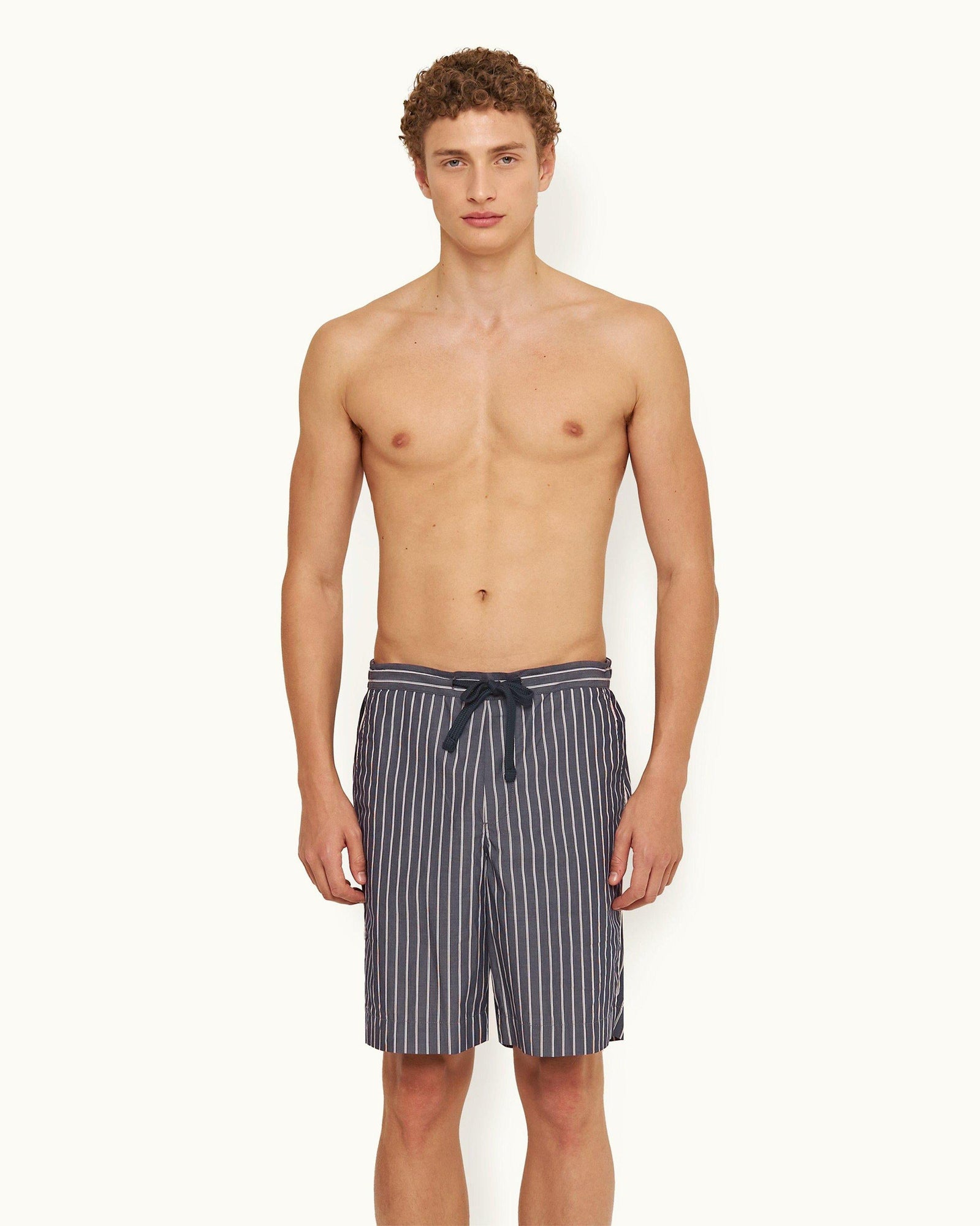 Midnight Navy Pinstripe Relaxed Fit Cotton Lounge Shorts | Midnight Navy