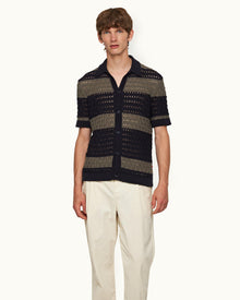 Midnight Navy/Grey Stripe Crochet Knit Shirt | Midnight Navy/Grey