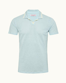 Felix Linen Powdered Sky Resort Collar Linen Pique Polo Shirt | Powdered Sky