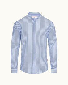 Ice Blue/White Grandad Collar Classic Stripe Shirt | Ice Blue/White