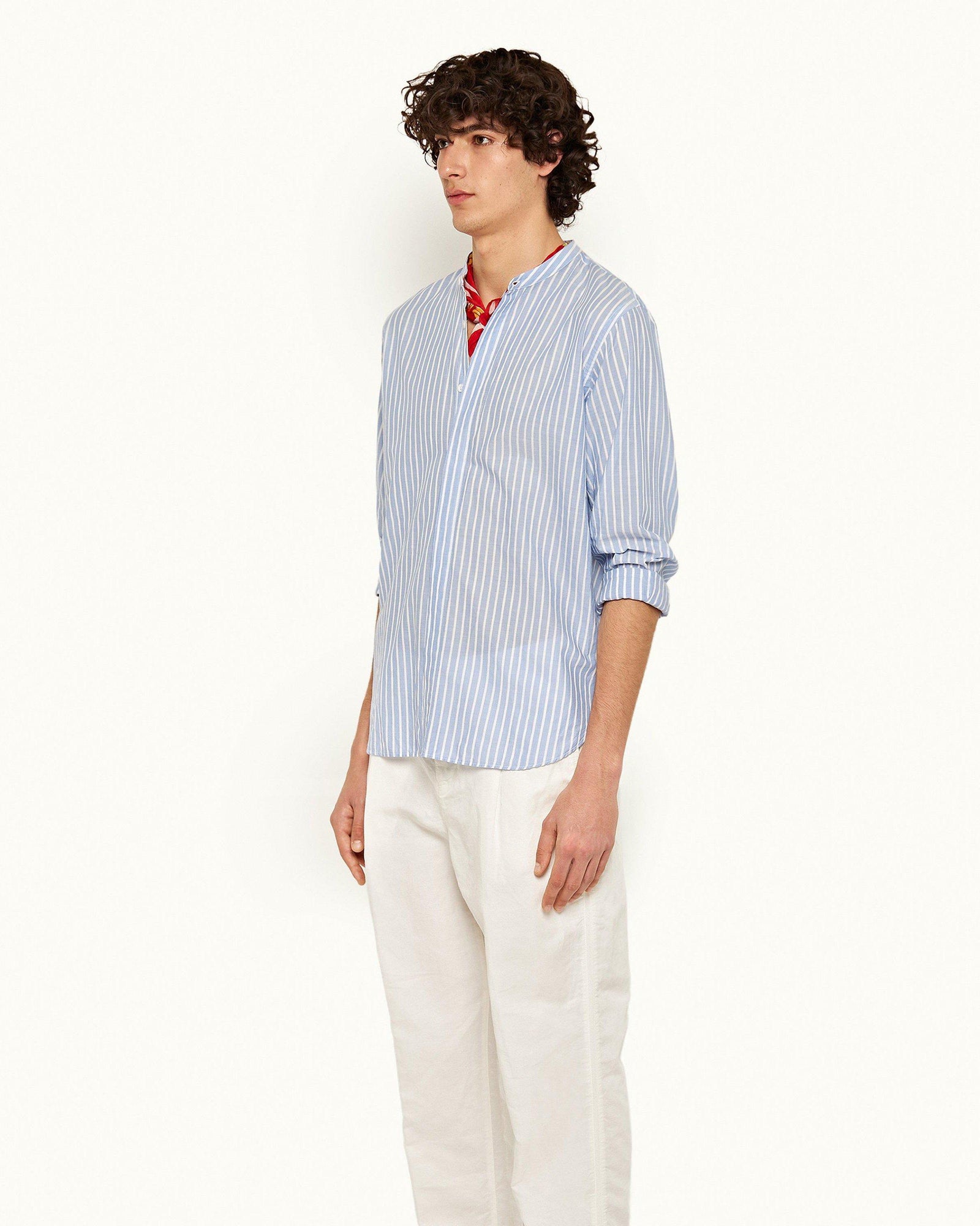 Ice Blue/White Grandad Collar Classic Stripe Shirt | Ice Blue/White