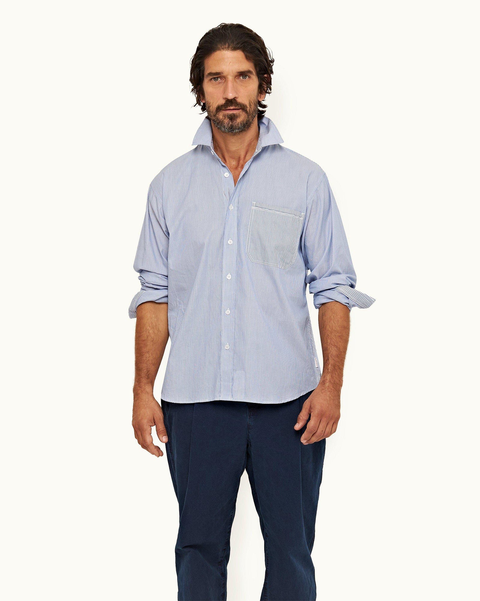 Signal Blue/White Classic Stripe Easy Fit Cotton Shirt | Signal Blue/White