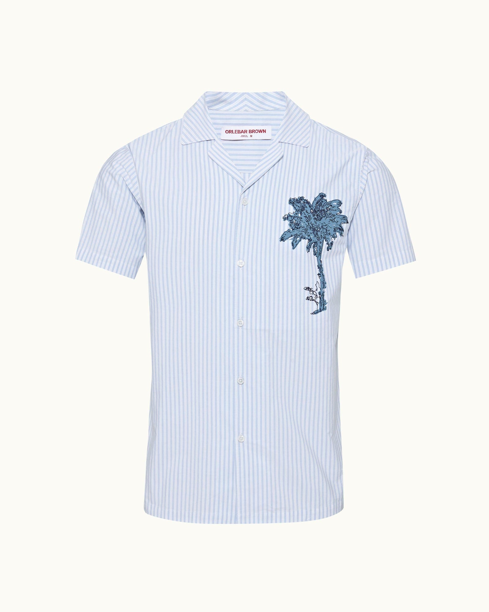 Light Island Sky/White Stripe Palm Embroidery Capri Collar Cotton Shirt | Light Island Sky/White