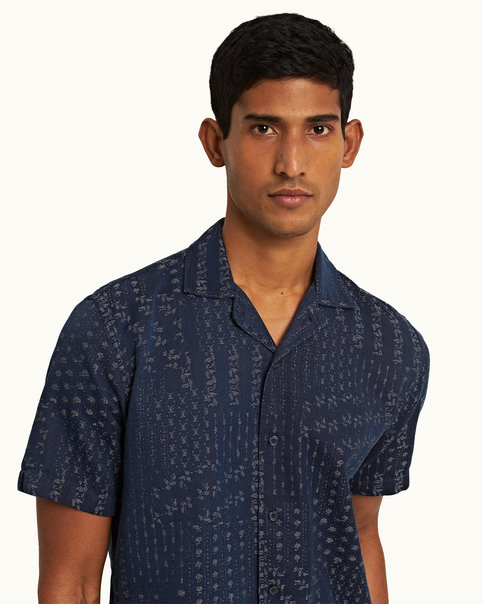 Indigo Solo Pastiche Capri Collar Jacquard Denim Shirt | Indigo