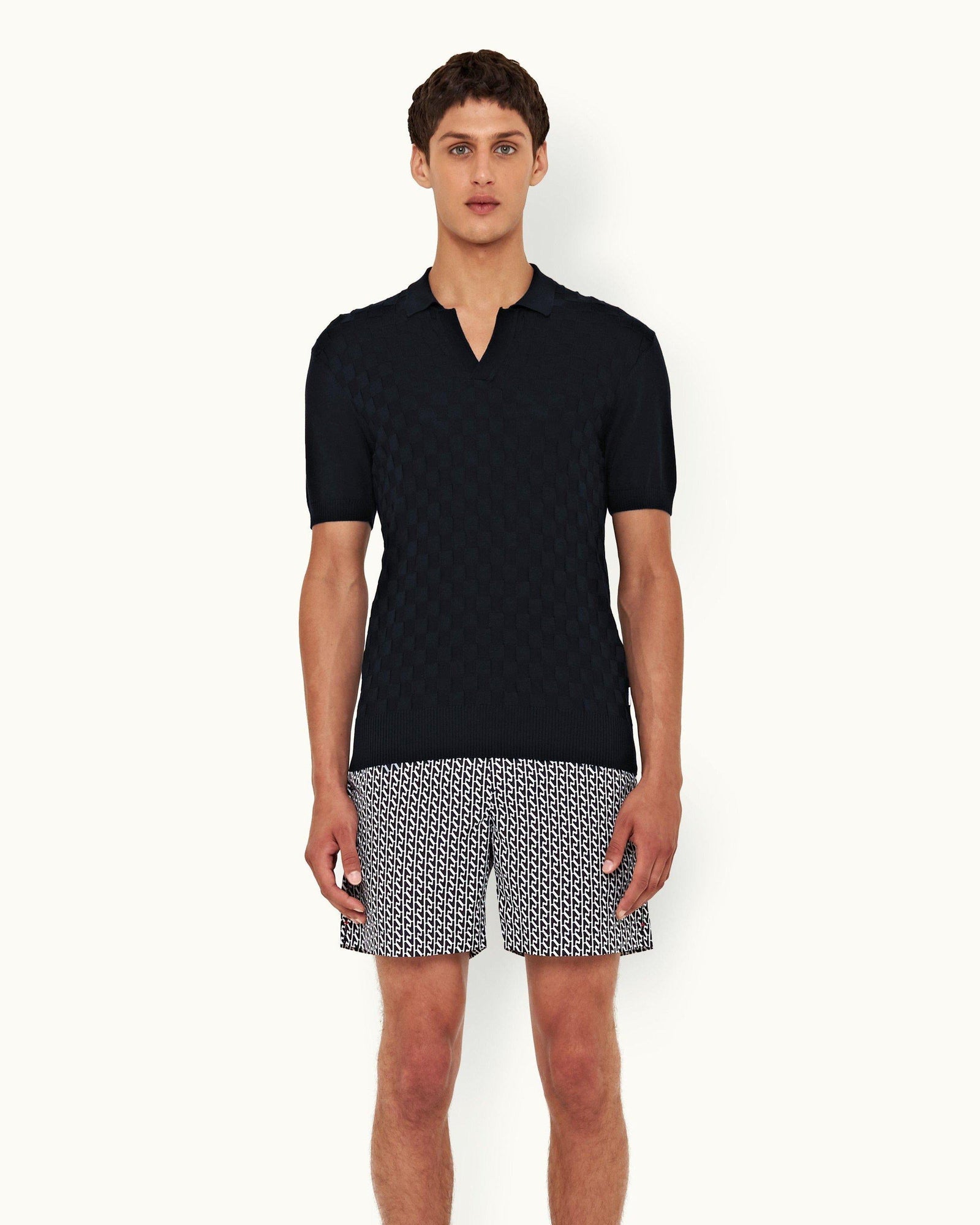 Horton Silk Night Iris Checkerboard Resort Placket Silk Polo Shirt | Night Iris