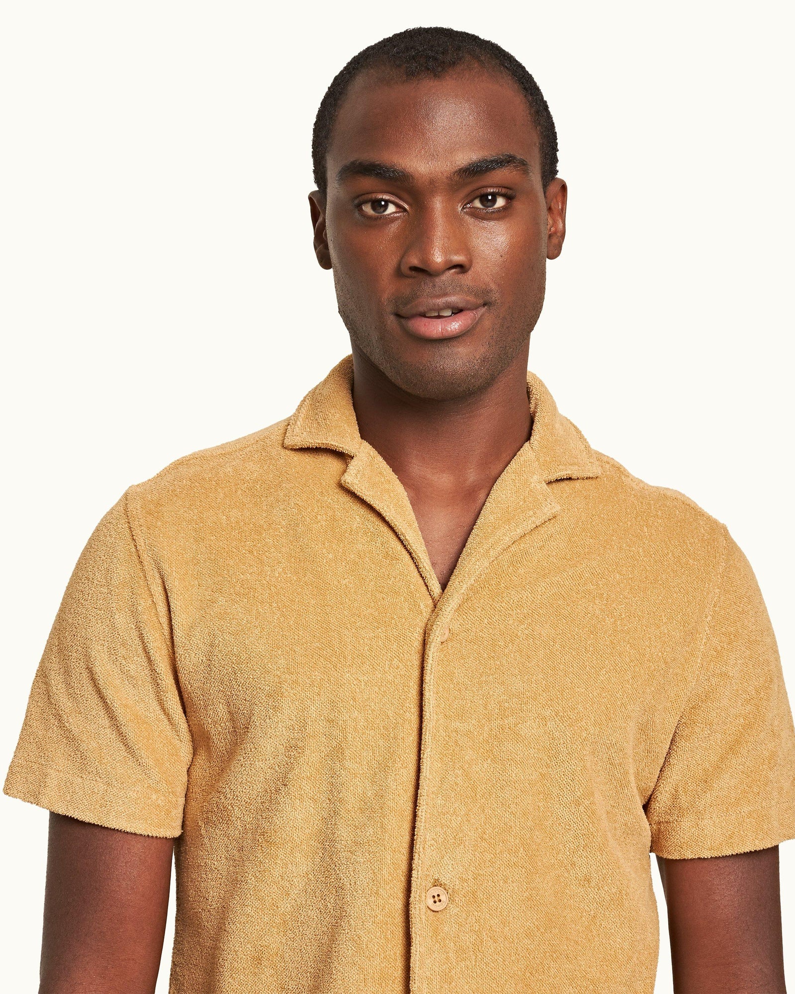 Relaxed Fit Capri Collar Cotton Towelling Shirt In Biscuit Colour | Biscuit
