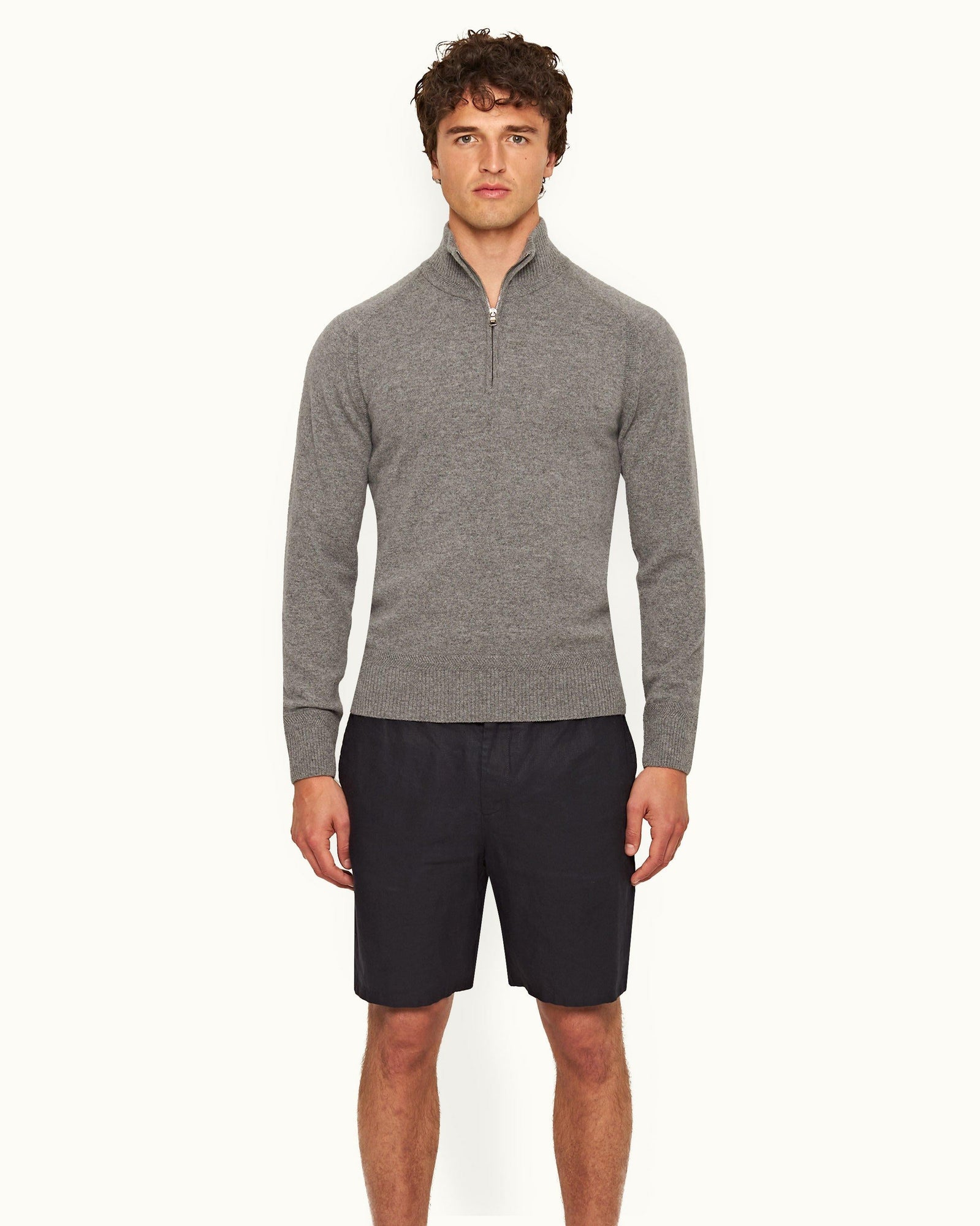 Light Grey Melange Classic Fit Half-Zip Cashmere Jumper | Light Grey Melange