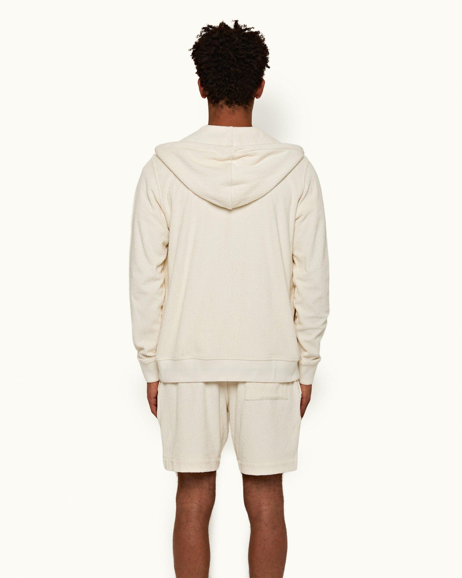 White Sand Zip-Thru Drop Needle Towelling Hooded Sweatshirt | White Sand