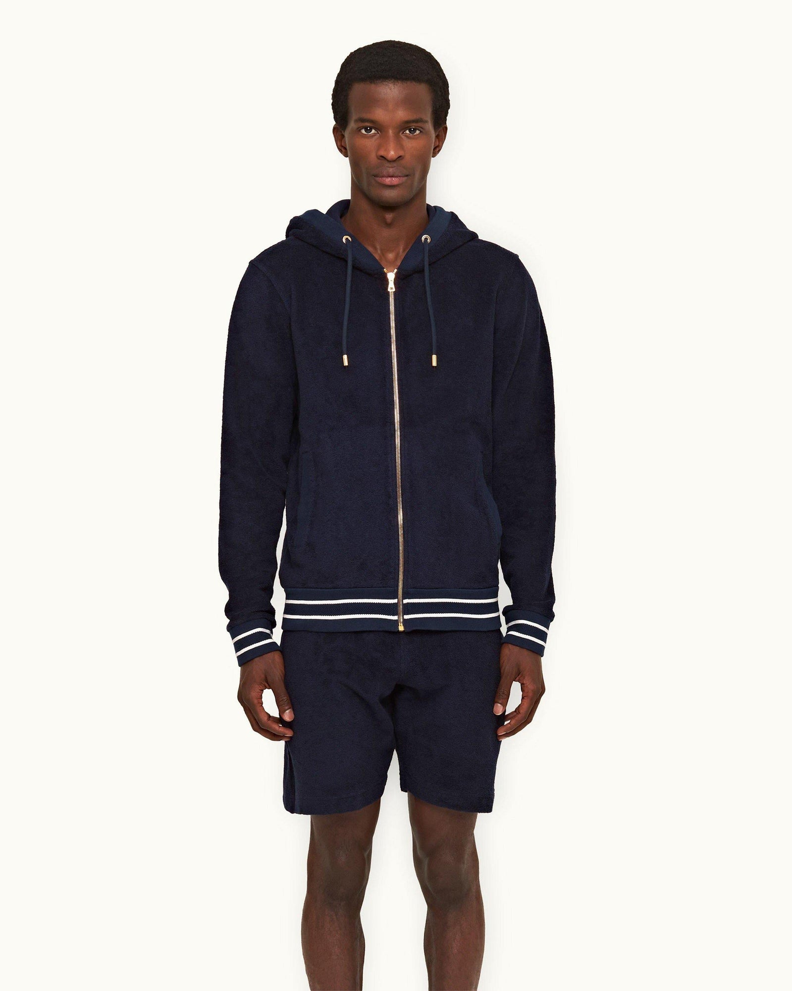 Mathers Towelling Navy Zip-Thru Towelling Hooded Sweatshirt | Navy