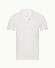 Montrose Classic Fit 3-Button Placket Cotton-Linen T-Shirt in Thasos Beach colour | Thasos Beach