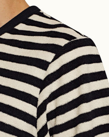 Nicolas Towelling Ink/Cloud Relaxed Fit Towelling Stripe V-Neck T-shirt | Ink/Cloud