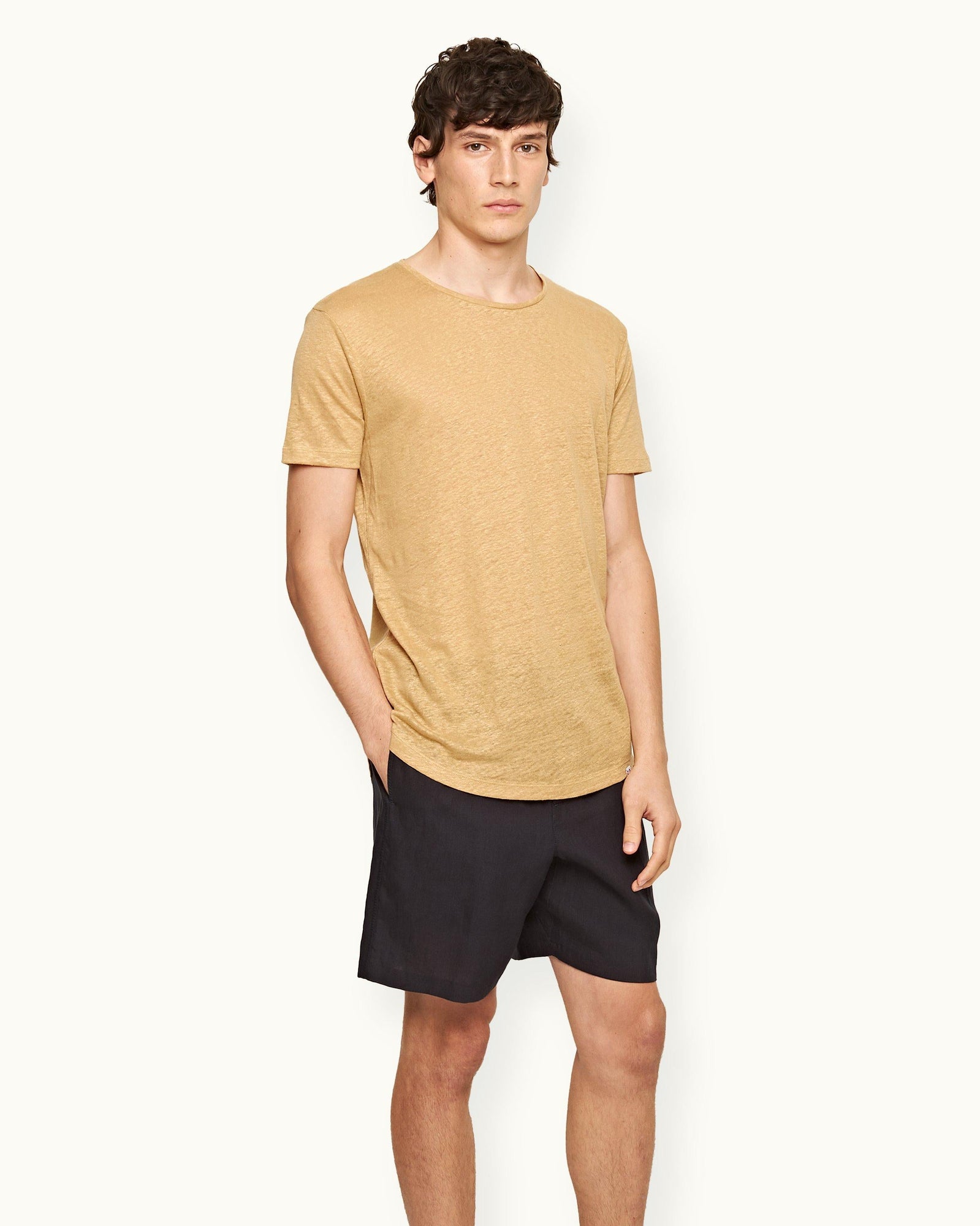 Ob-T Linen Crew Neck Linen T-shirt In Biscuit Colour | Biscuit