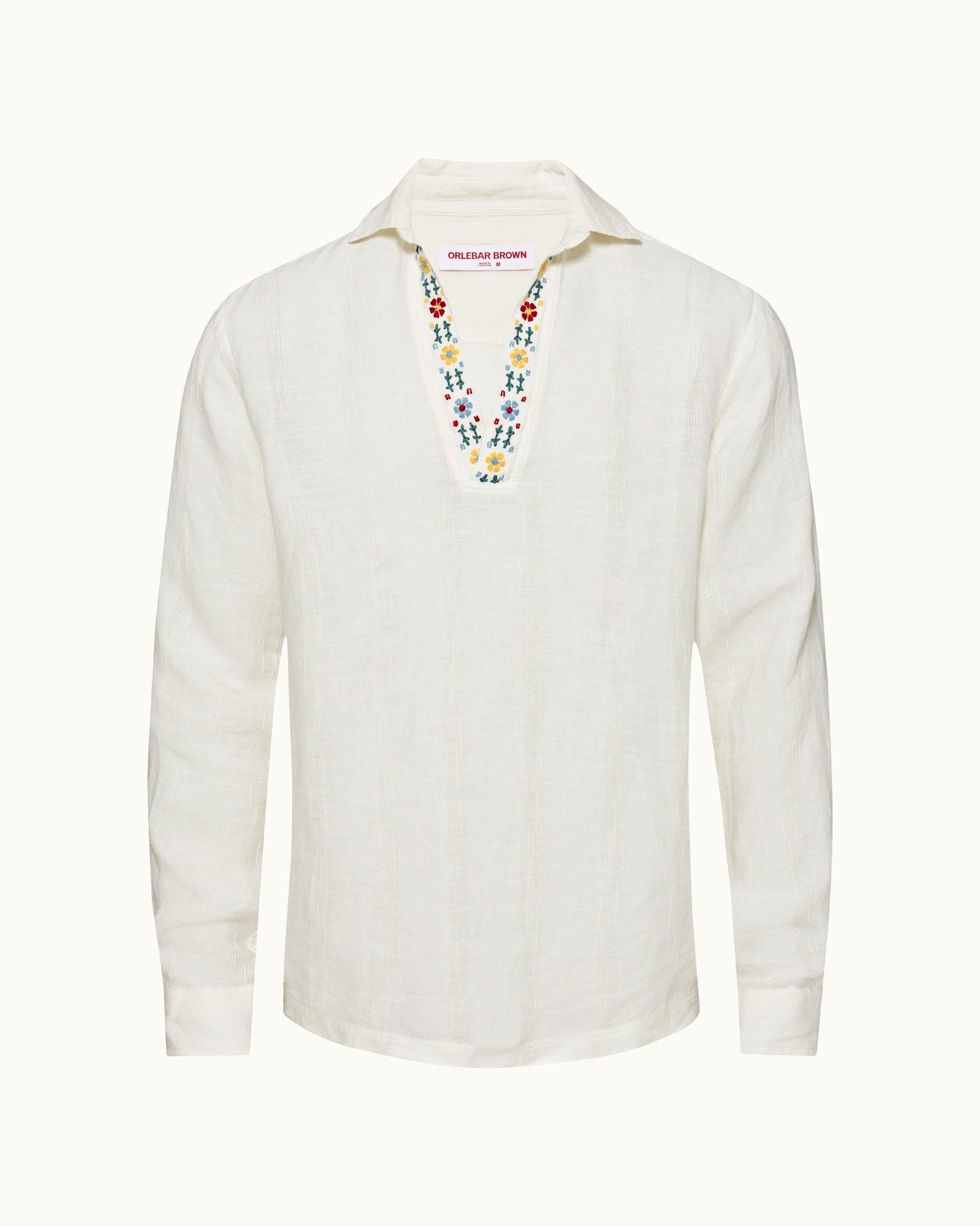 Ridley White Sand Relaxed Fit Overhead Embroidered Yoke Linen Shirt | White Sand