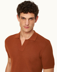 Roddy Tailored Fit Waffle Mesh Stitch Polo Shirt Knitted In Italy in Cinnamon Coffee colour | Cinnamon Coffee