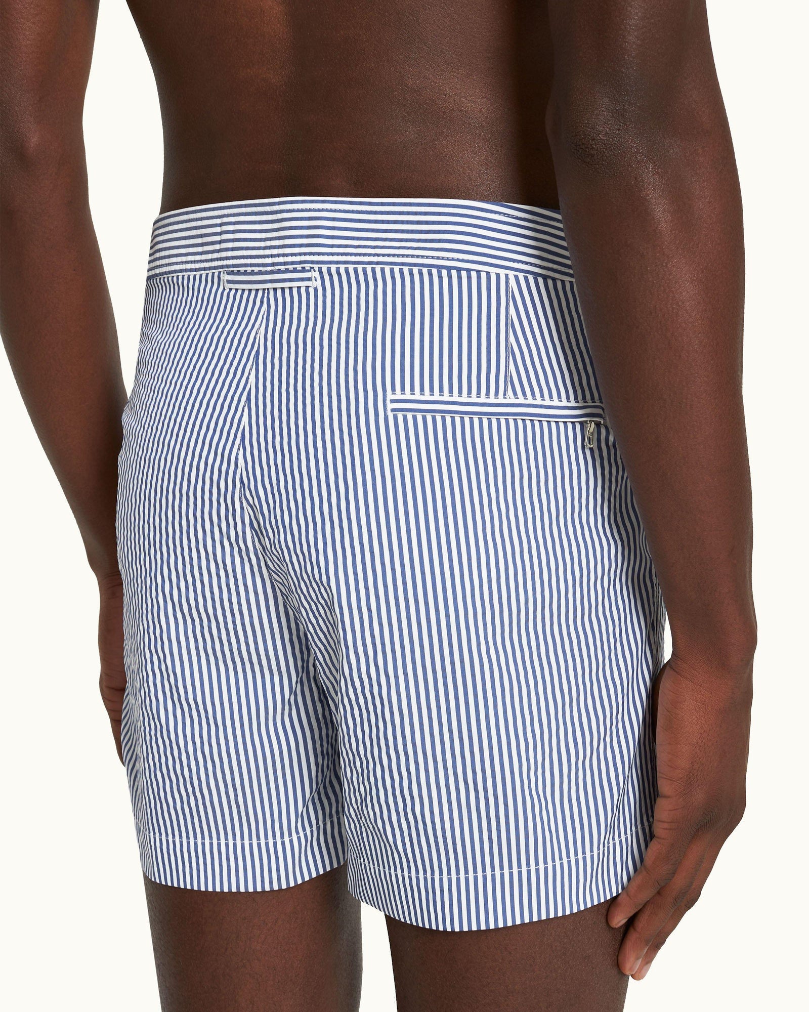 Setter Seersucker Shorter-Length Swim Shorts Woven In Italy in Blueberry/White Stripe | Blueberry/White Stripe