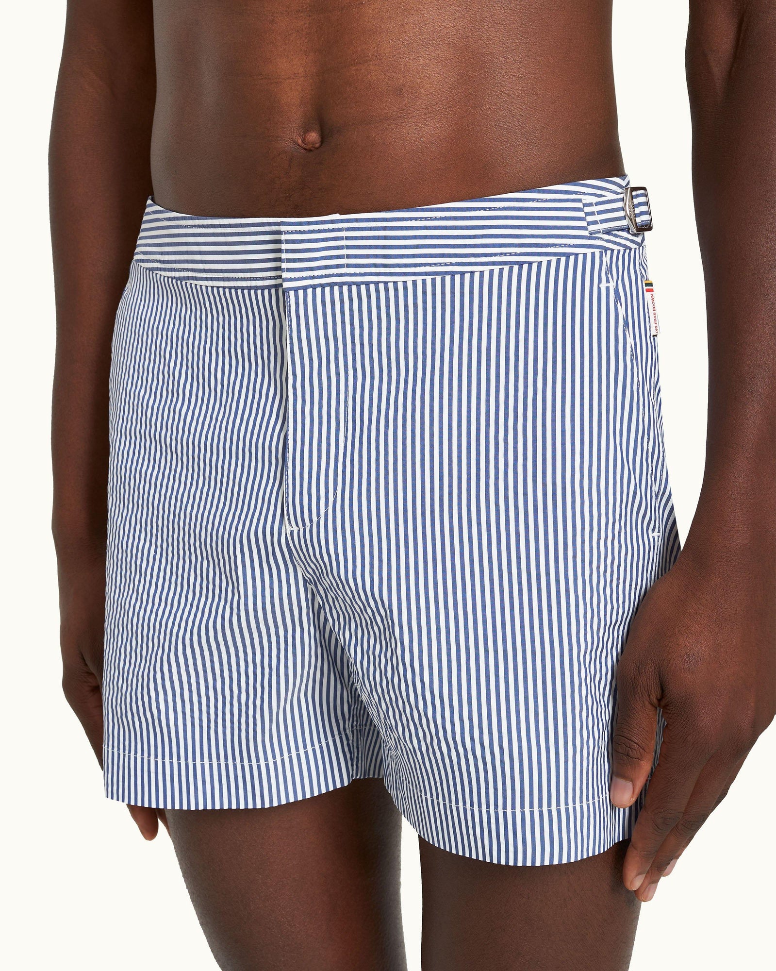 Setter Seersucker Shorter-Length Swim Shorts Woven In Italy in Blueberry/White Stripe | Blueberry/White Stripe