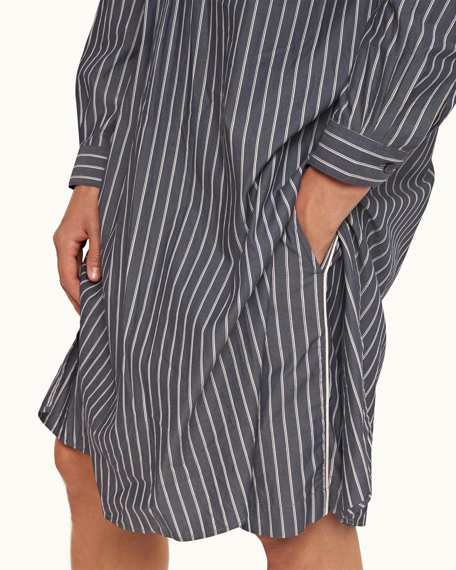 Midnight Navy Pinstripe Relaxed Fit Grandad Collar Cotton Nightshirt | Midnight Navy