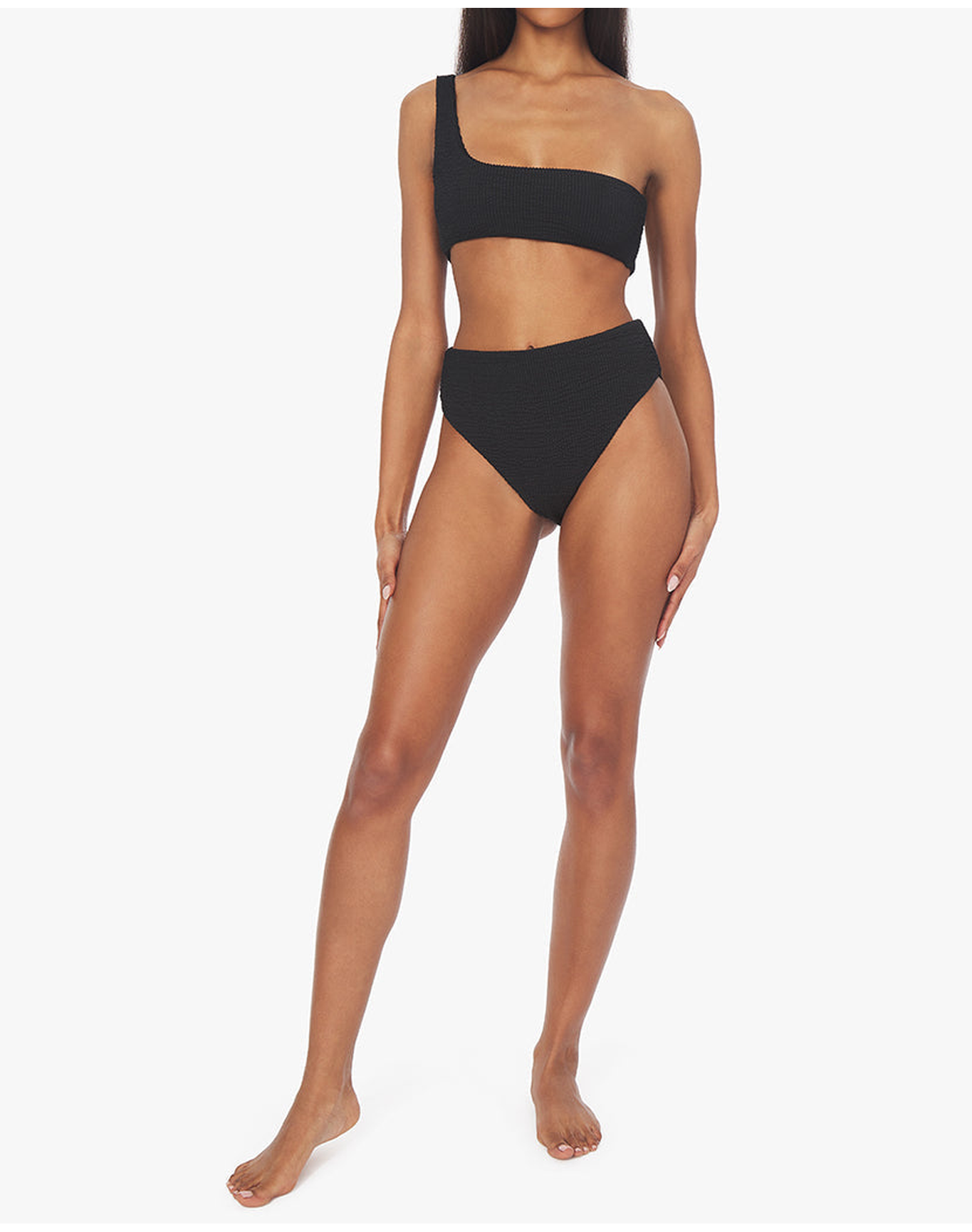 One Shoulder Spongie Seersucker Bikini Top | Black