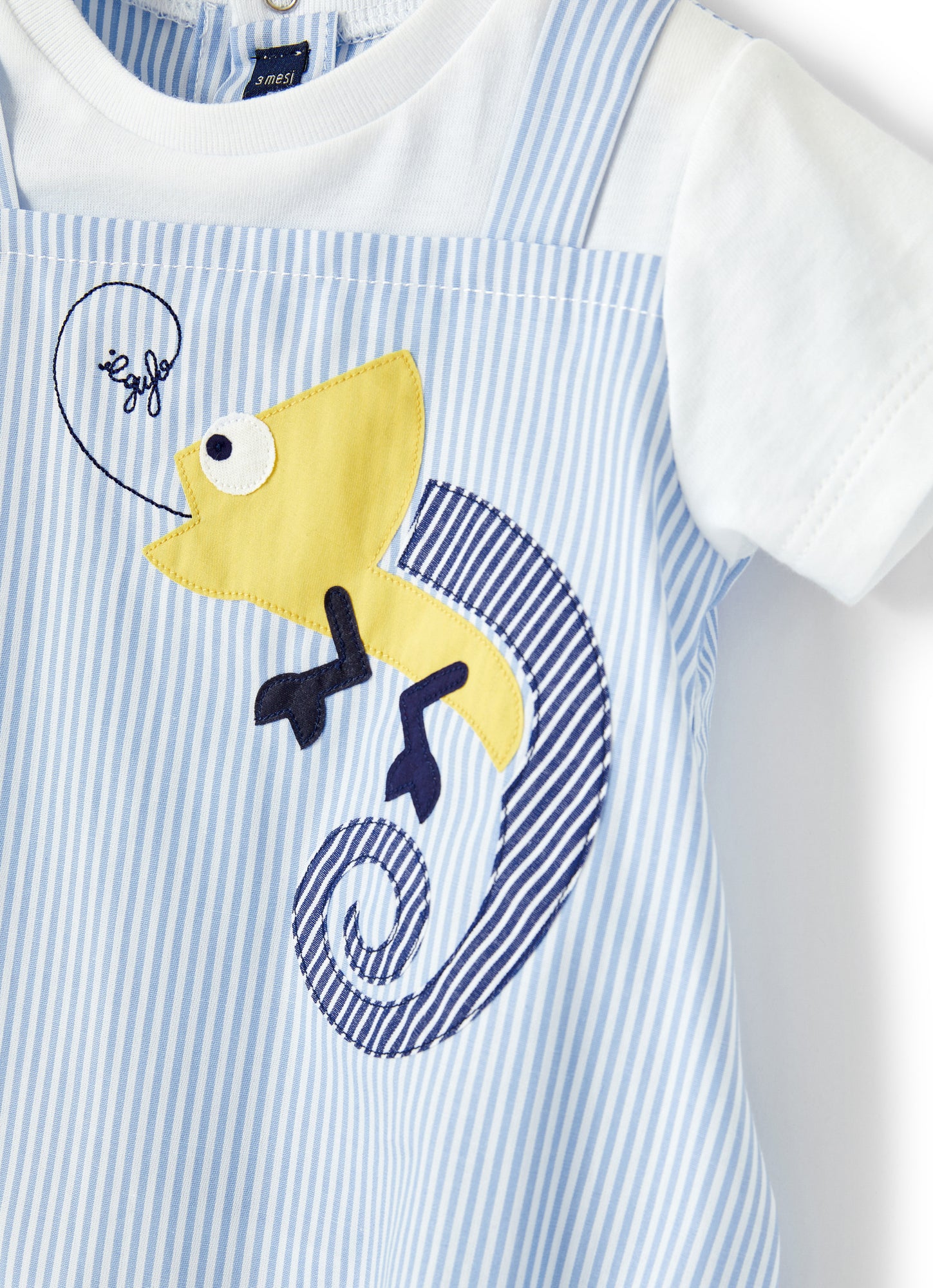 Short Striped Onesie with Chameleon | Light Blue