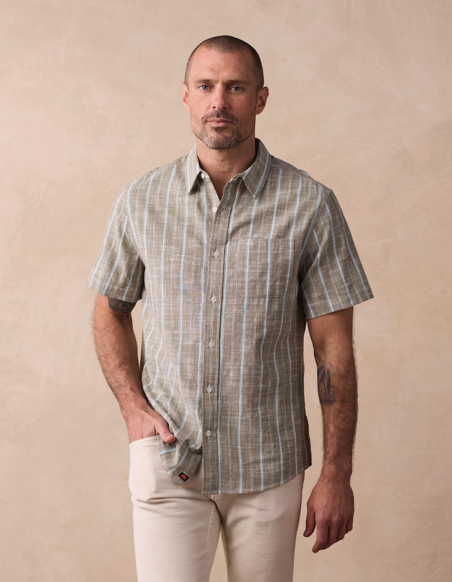 Men | Freshwater Short Sleeve Button Up Shirt | Deep Sage Stripe