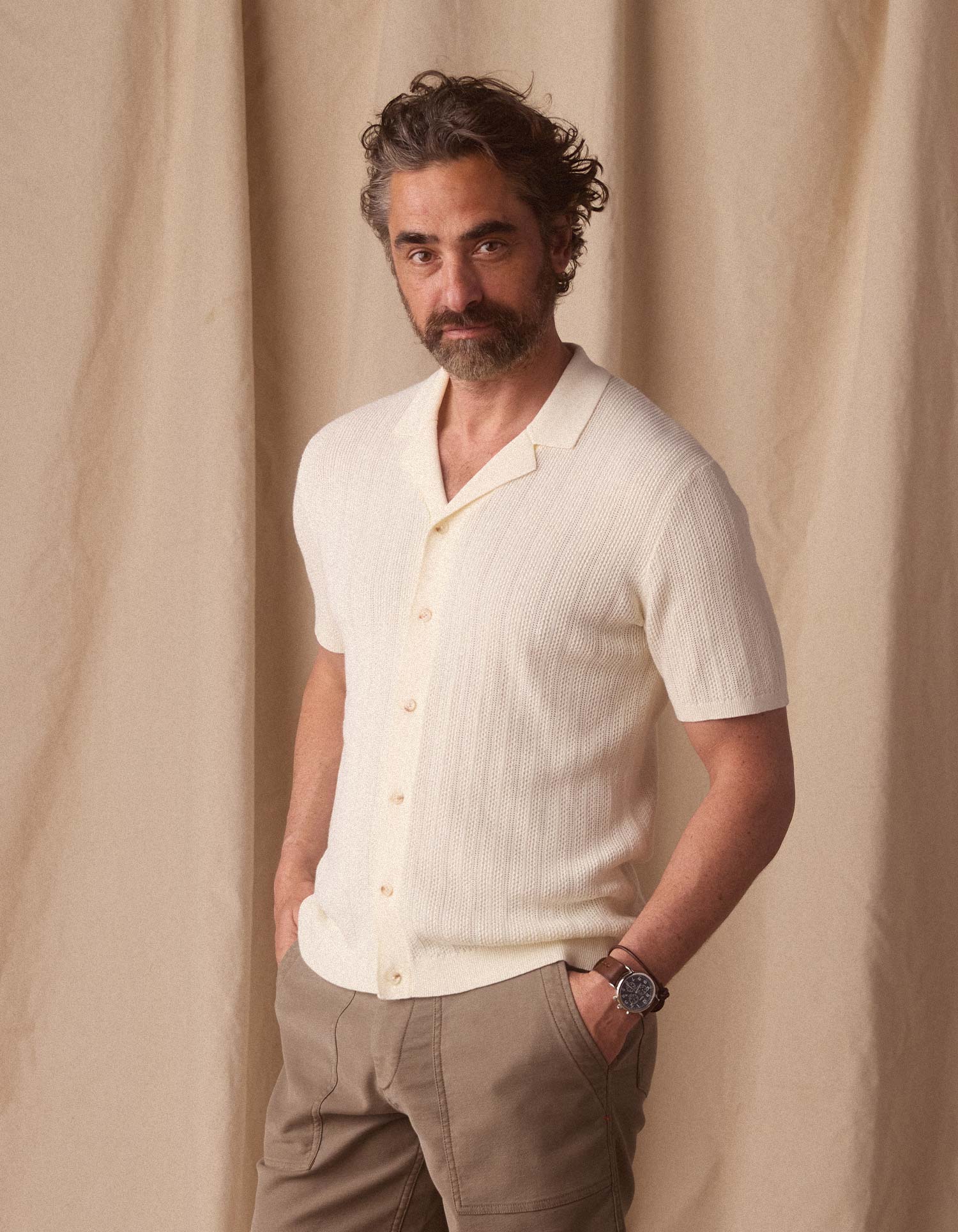 Men | Robles Textured Knit Camp Button Up | Ivory