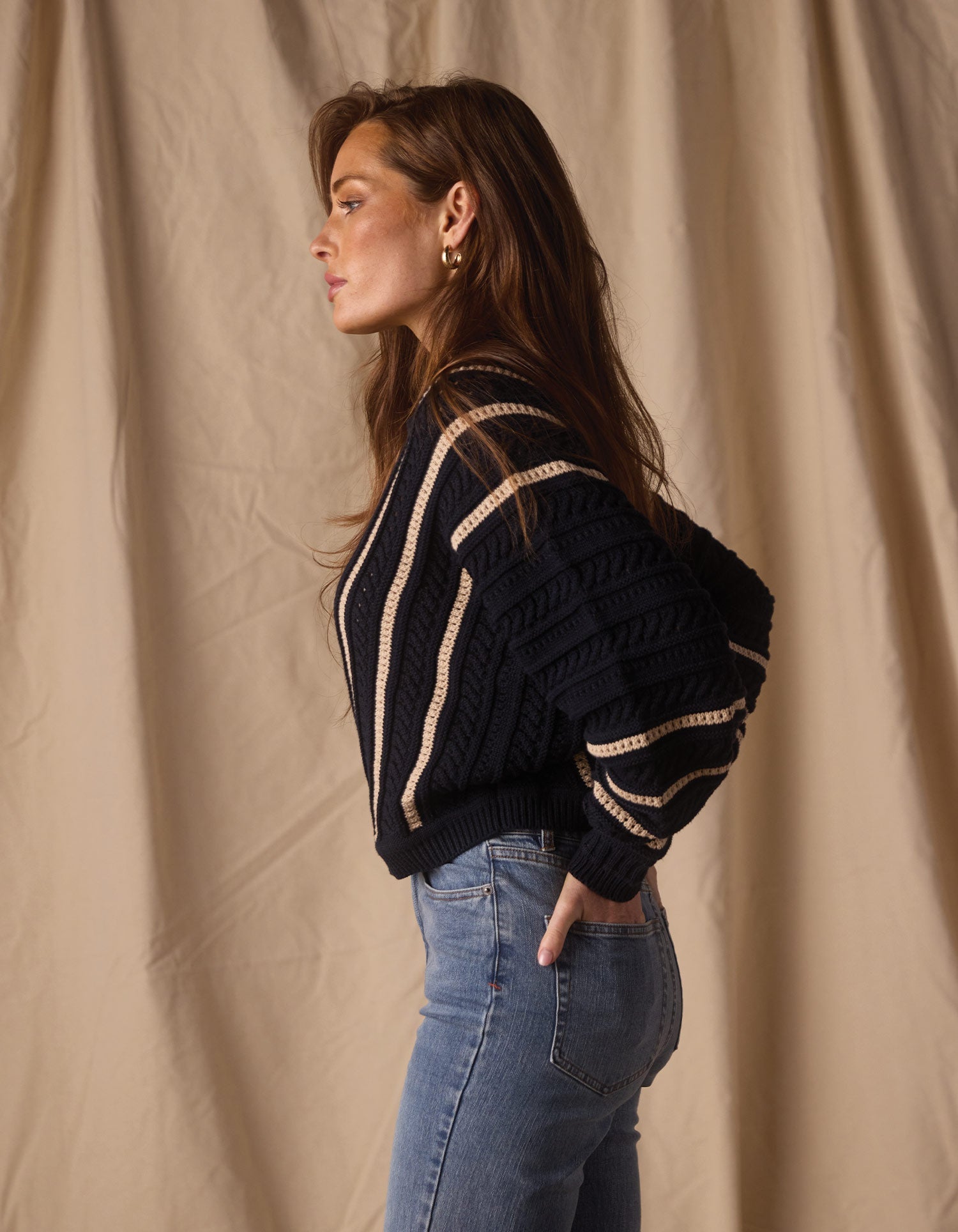 Women | Apres Chevron Sweater | Navy/Birch Stripe