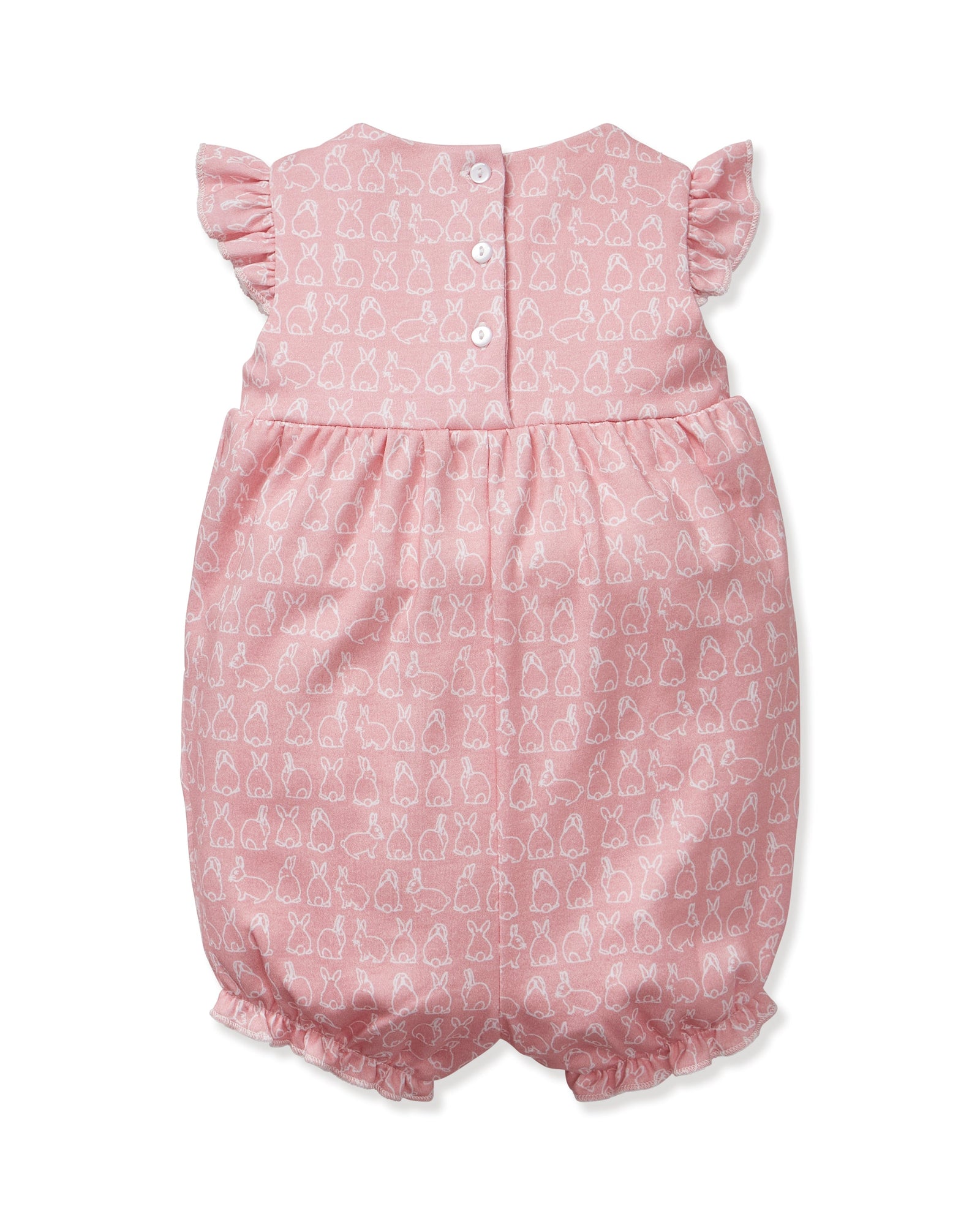 Baby's Pima Isla Play Romper in Hoppy Days Pink features flutter sleeves, ruffled leg openings, a gathered waist, and an allover white bunny outline print. Shown laid flat on a white background.