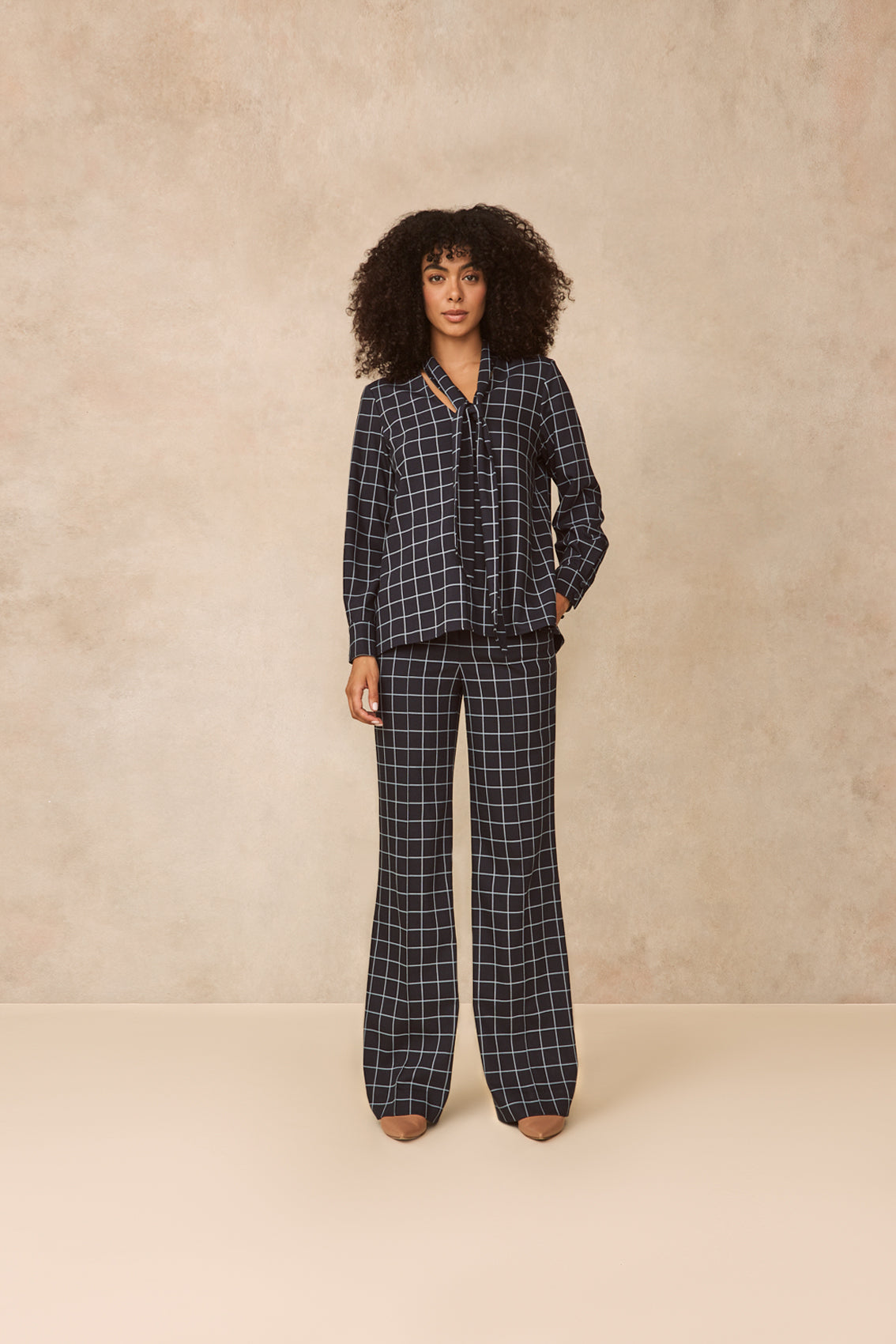 Oversized Check Tie Neck Top | Navy