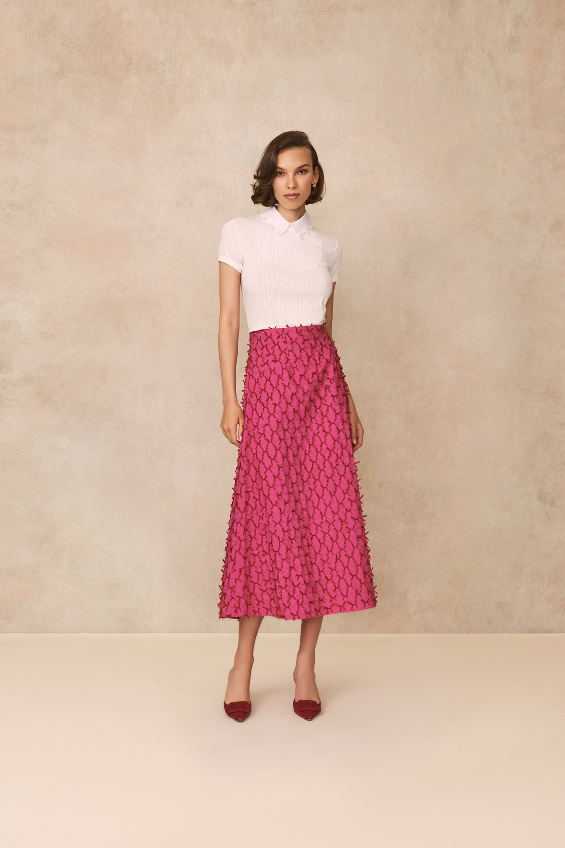 Bow Embroidered Poplin Midi Skirt | Magenta
