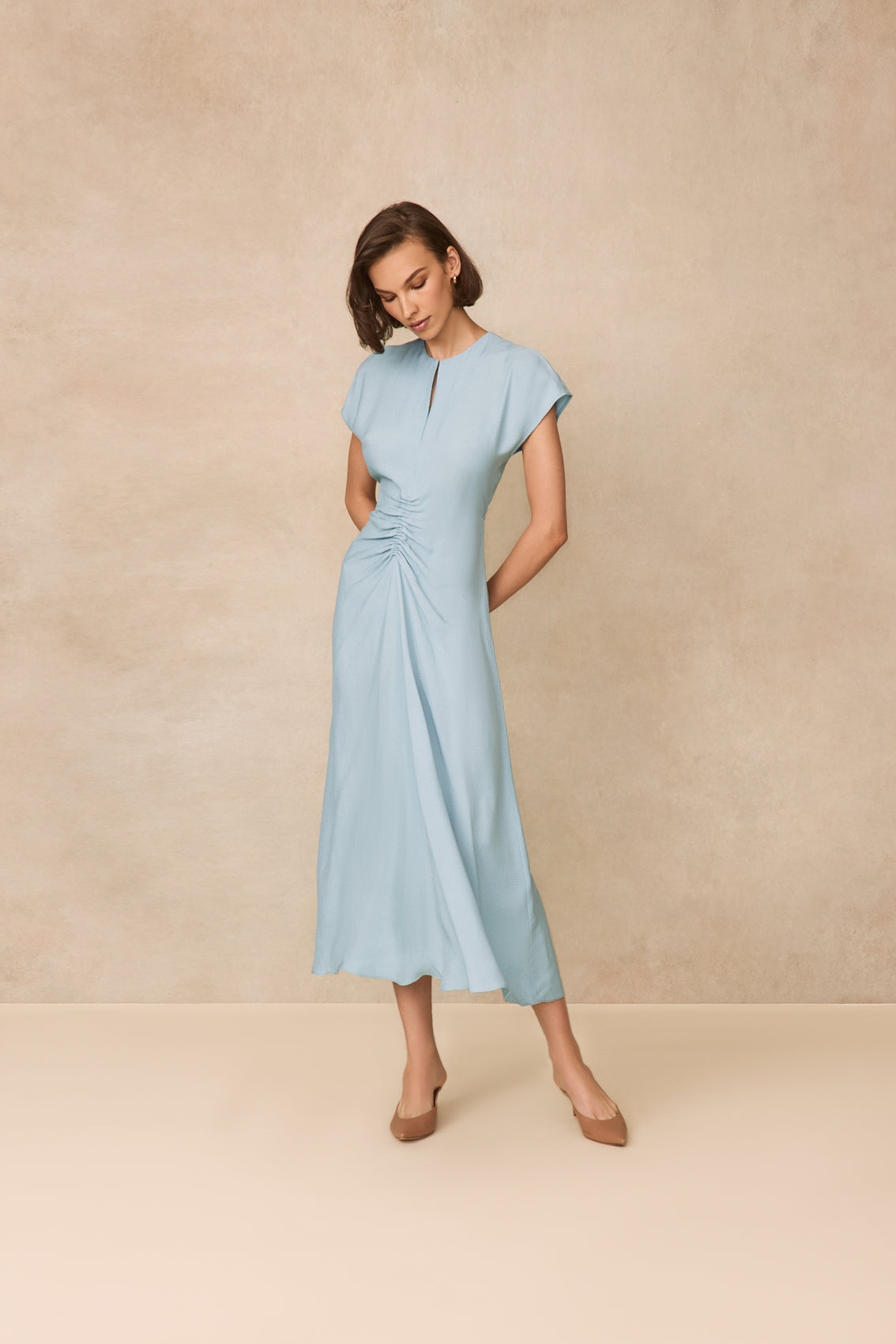 Textured Fluid Crepe Shirred Dress | Frost