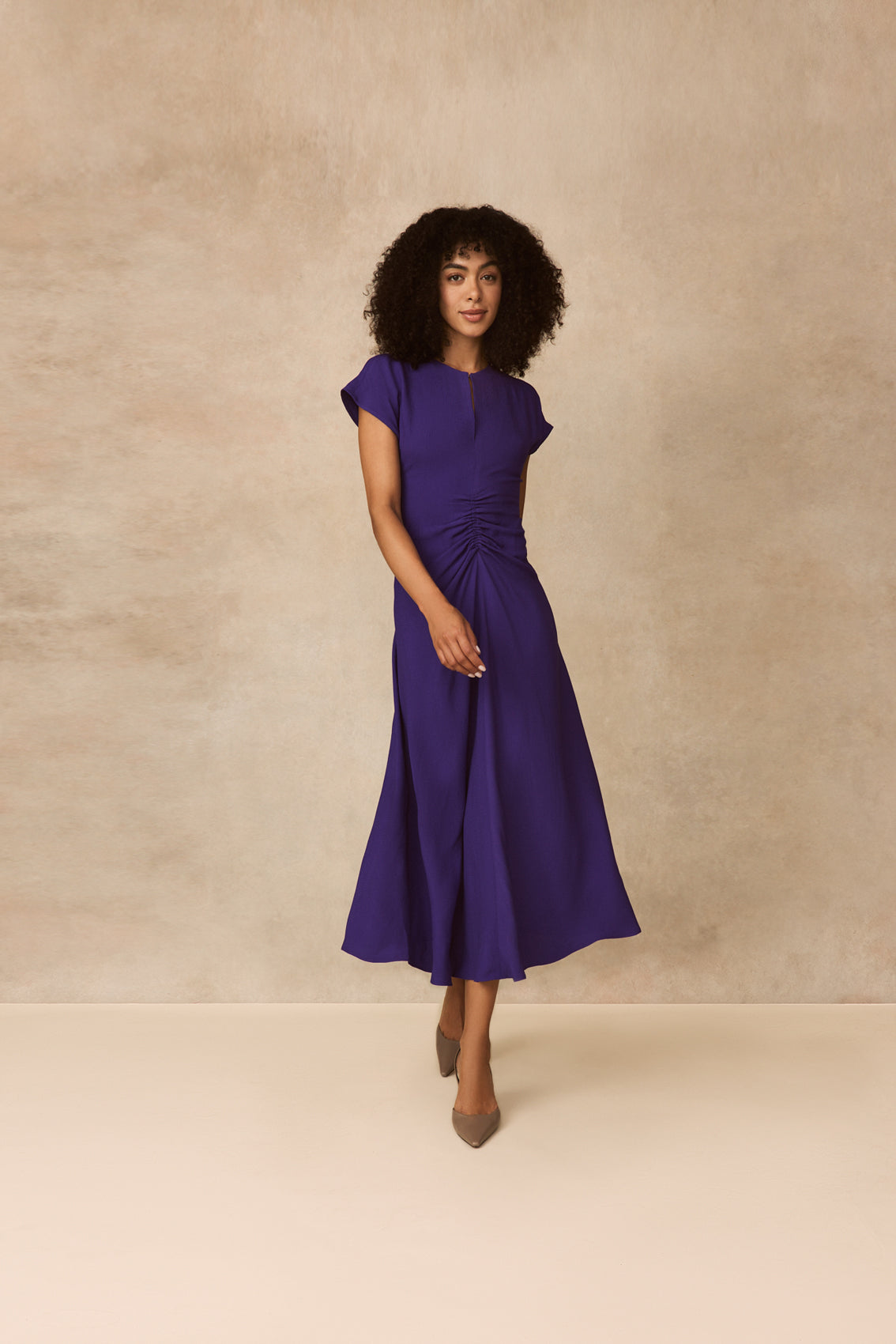 Textured Fluid Crepe Shirred Dress | Violet