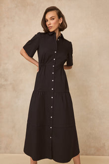 Coated Poplin Shirt Dress | Black