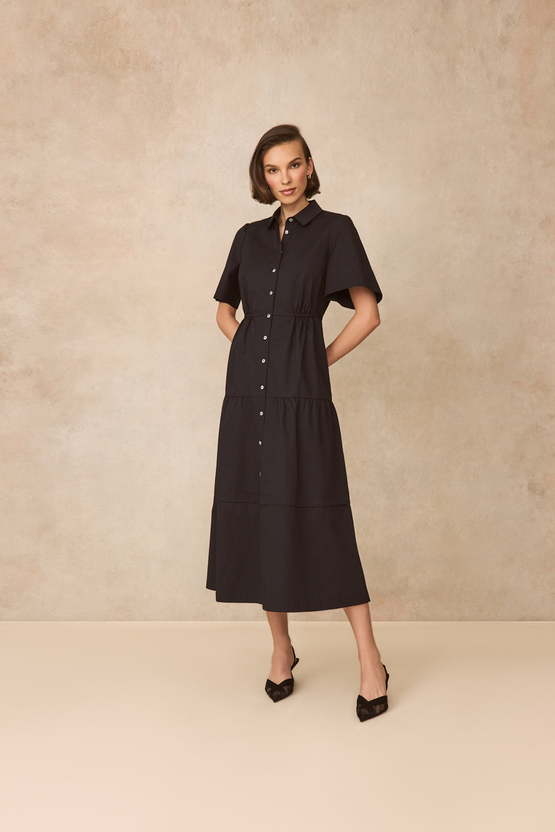 Coated Poplin Shirt Dress | Black