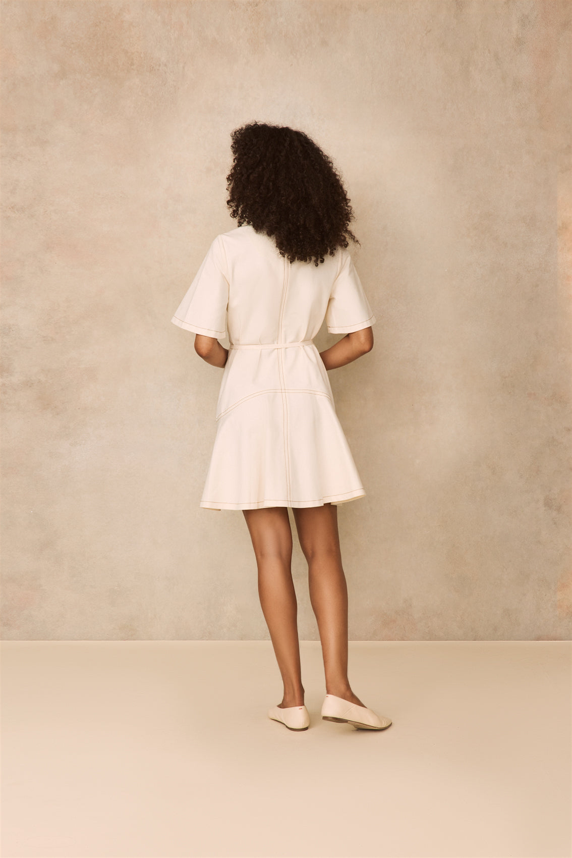 Stretch Denim Flounce Dress | Cream