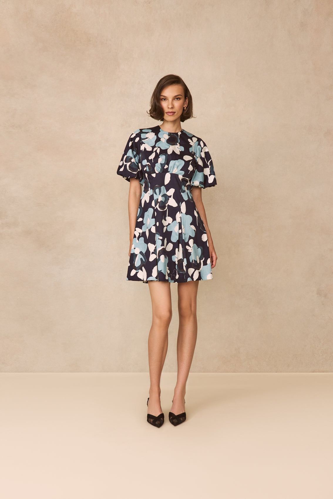 Floral Painted Cotton Flutter Sleeve Dress | Navy Multi