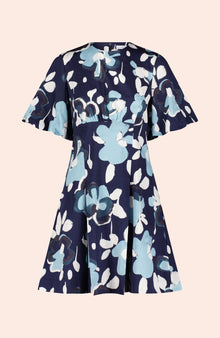 Floral Painted Cotton Flutter Sleeve Dress | Navy Multi