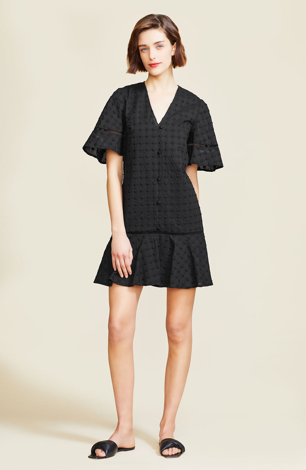 Dotted Cotton Flounce Hem Dress | Black
