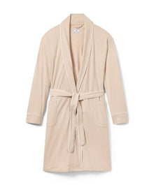 The Women's Pima Robe in Camel features white trim, long sleeves, two front pockets, and a matching waist belt, shown on a white background.