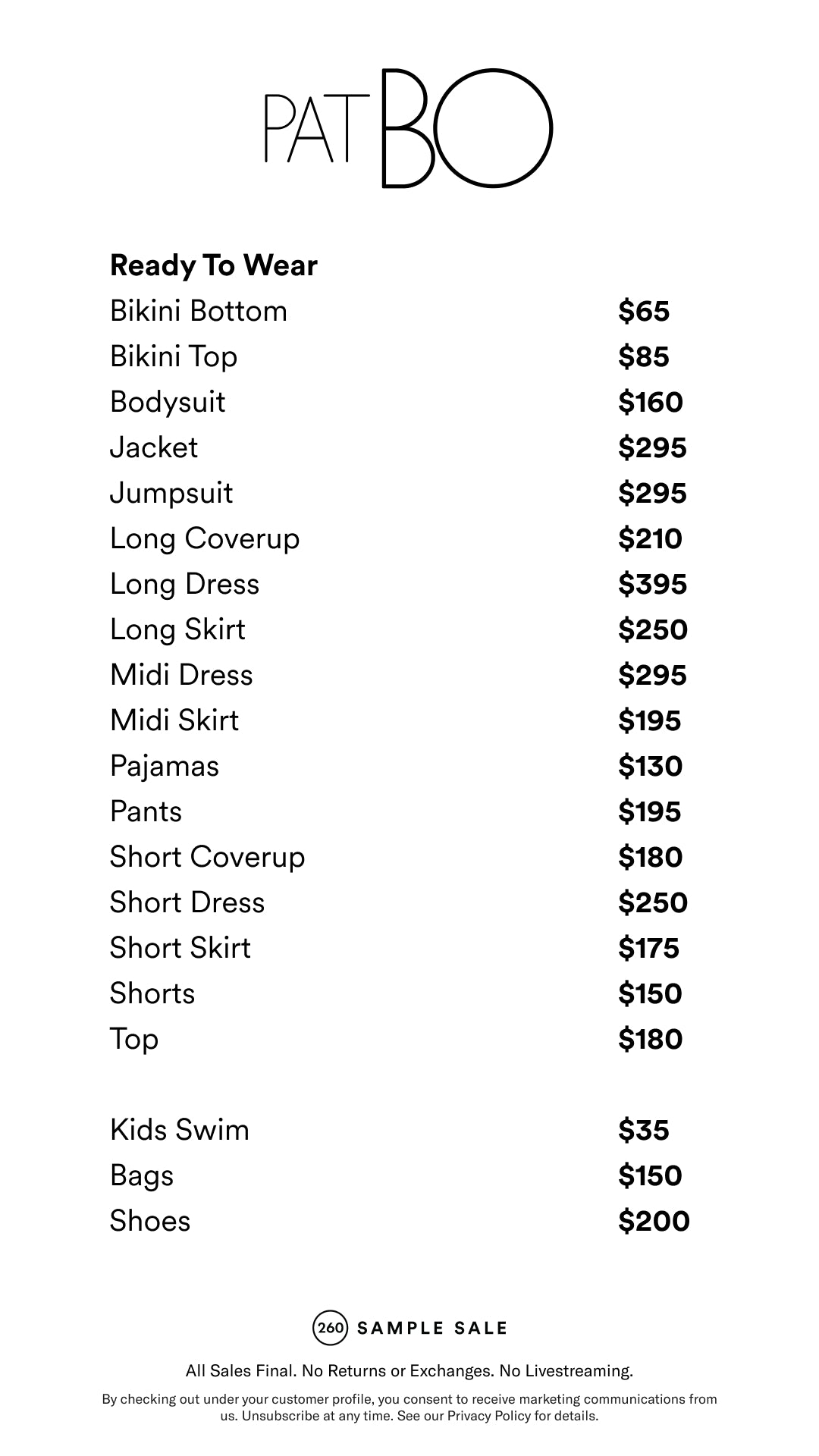 Price table