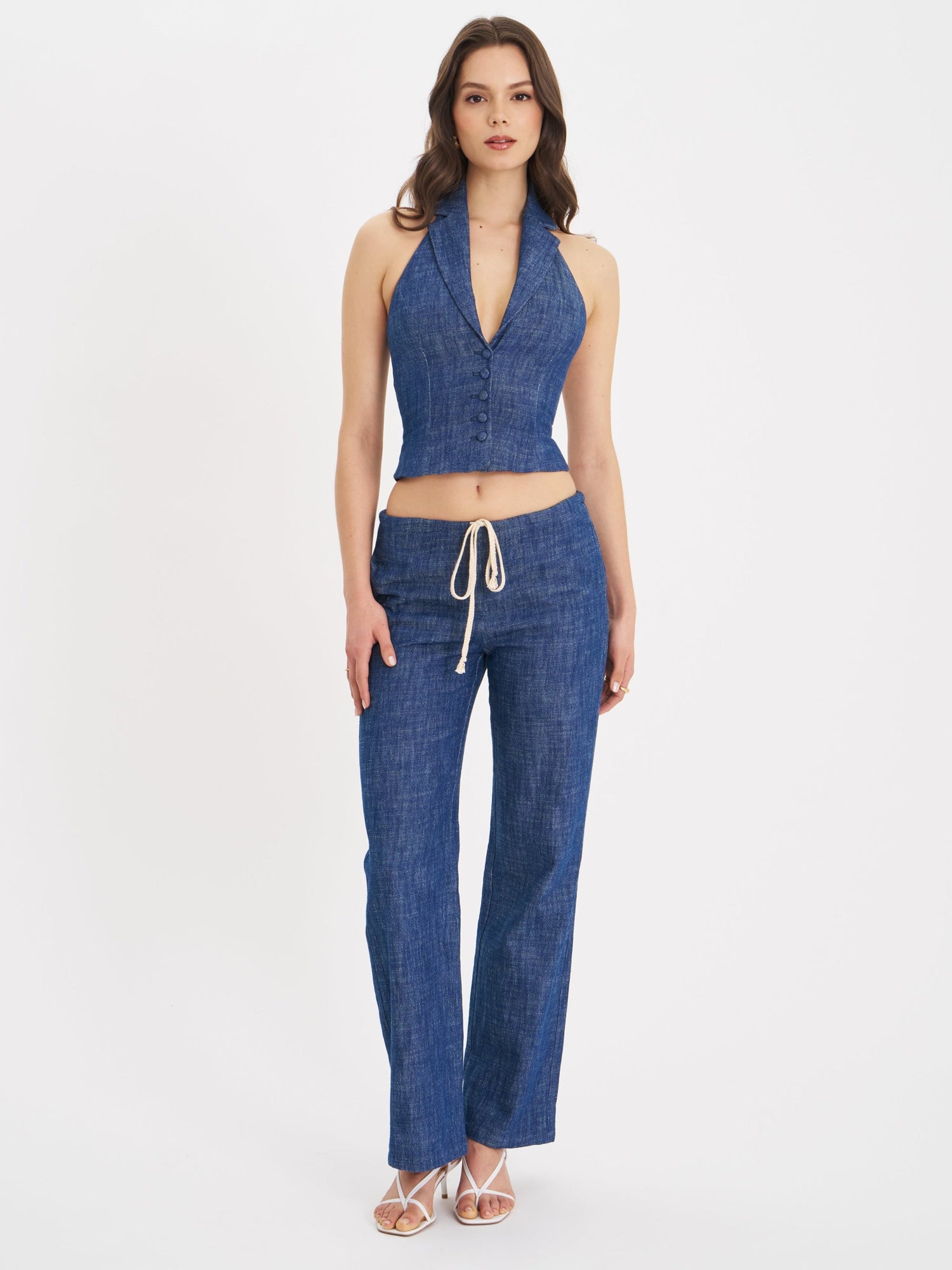 Rafaella Cotton Denim Halter Lapel Top | Navy