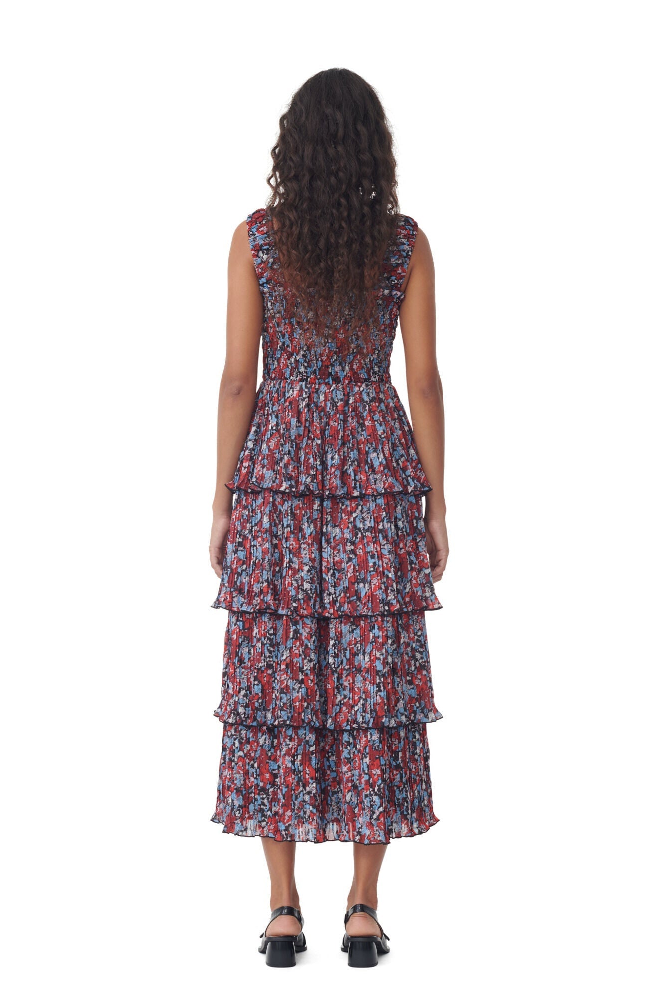 Pleated Georgette Flounce Smock Midi Dress | High Risk Red
