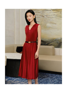 Pleated Waist-Cinched Dress | Red