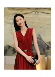 Pleated Waist-Cinched Dress | Red