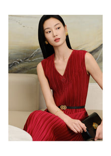 Pleated Waist-Cinched Dress | Red