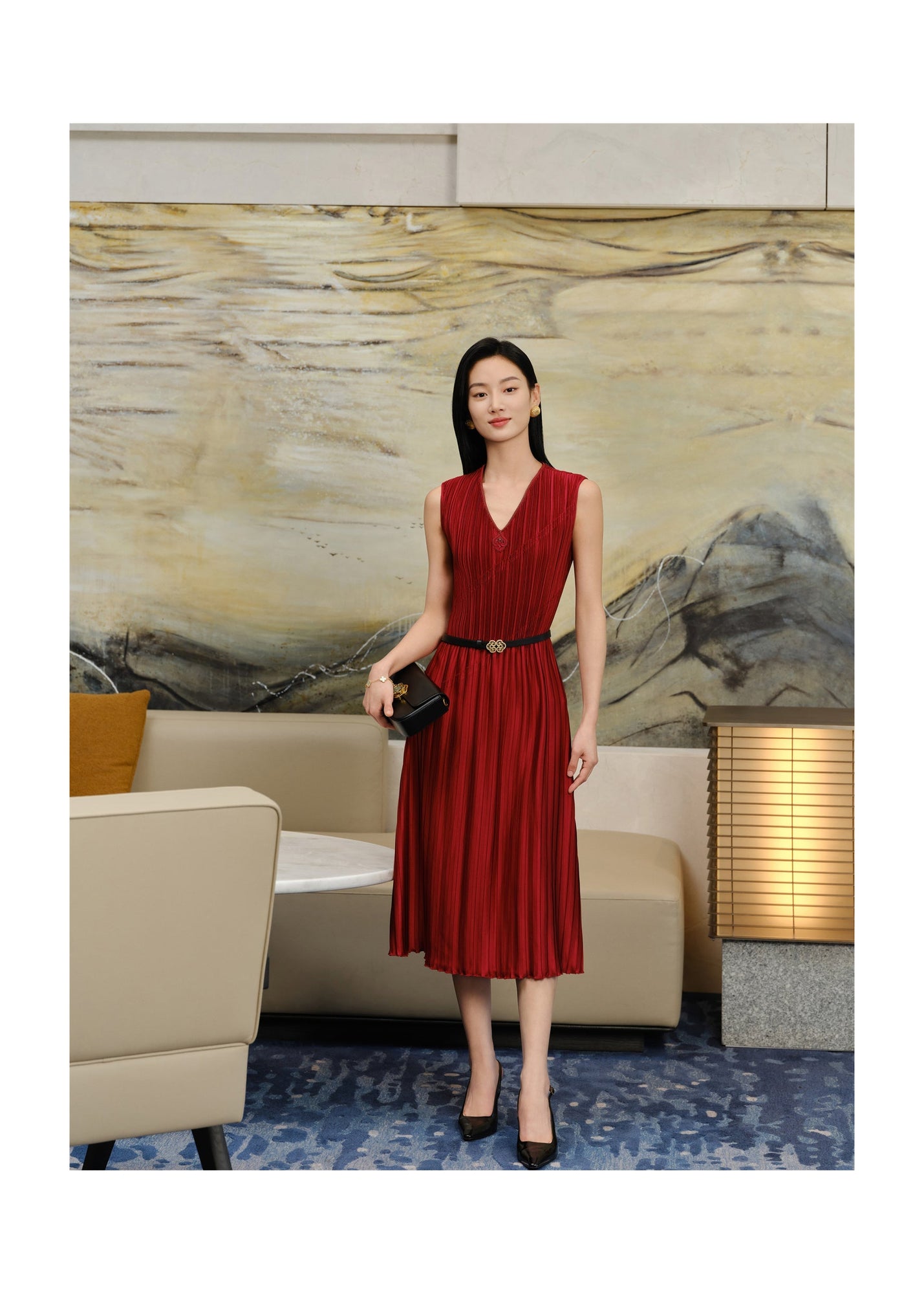Pleated Waist-Cinched Dress | Red